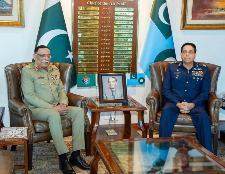 Chairman Joint Chiefs of Staff Committee meeting the Air Chief at Air Headquarters Islamabad