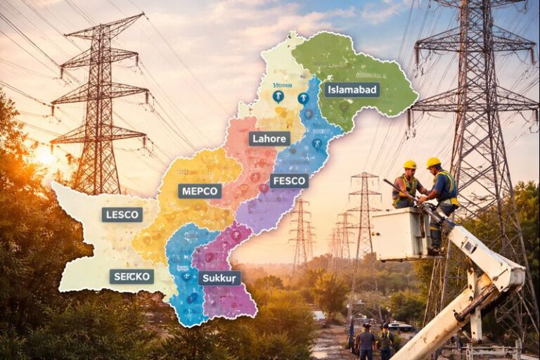 Map and power distribution lines showing different electricity distribution companies across Pakistan.
