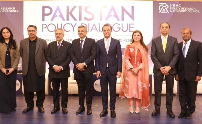 Deputy Prime Minister Ishaq Dar speaking at the Pakistan Policy Dialogue on economic reforms and governance stability.