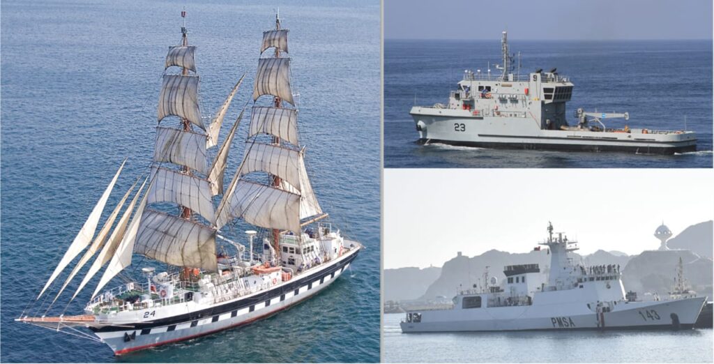 Pakistan Navy and PMSA ships berthed at Port Sultan Qaboos during an official overseas deployment visit to Oman.