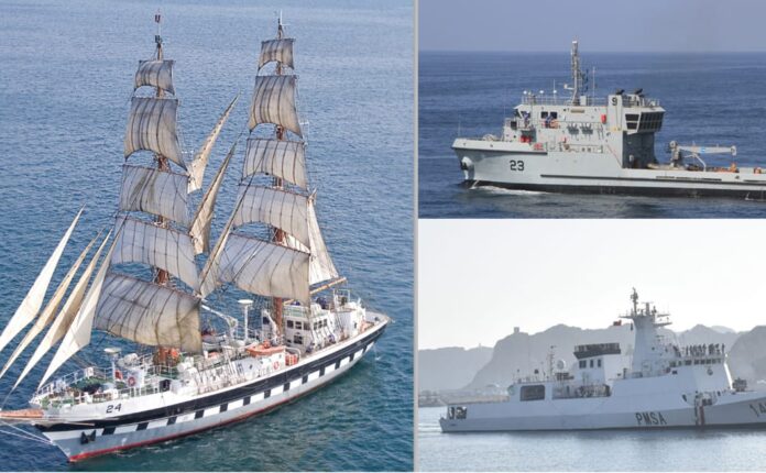 Pakistan Navy and PMSA ships berthed at Port Sultan Qaboos during an official overseas deployment visit to Oman.