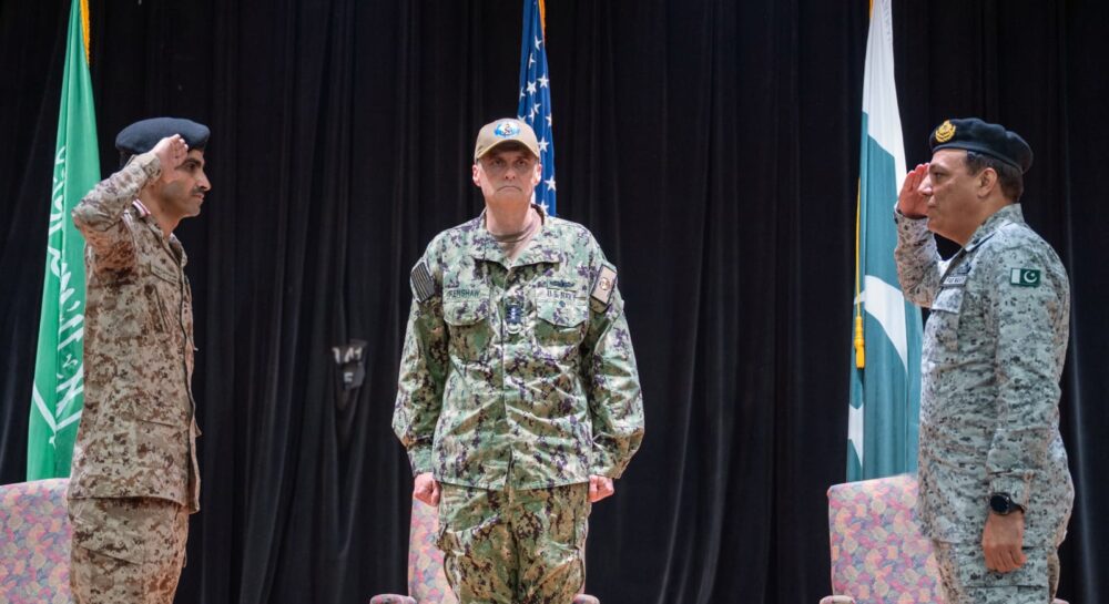 Pakistan Navy officer assumes command of Combined Task Force-150 during the change of command ceremony in Bahrain.