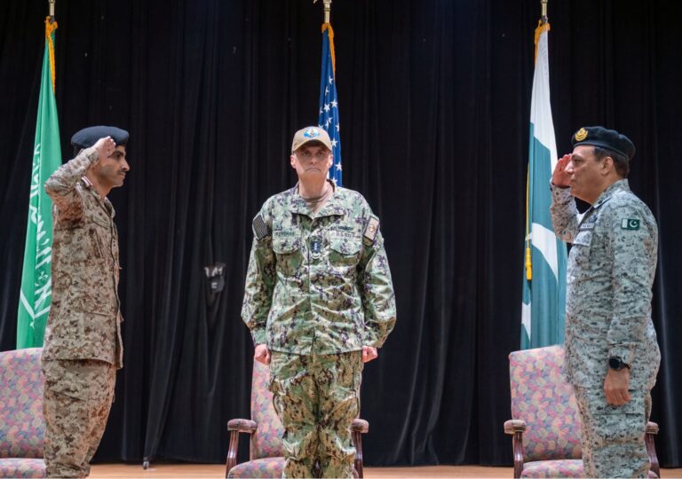 Pakistan Navy officer assumes command of Combined Task Force-150 during the change of command ceremony in Bahrain.