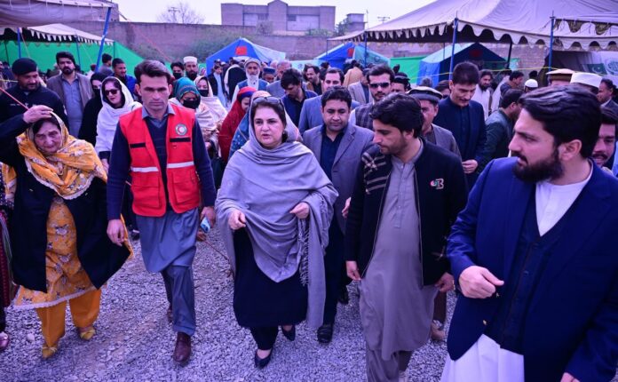 BISP chairperson Rubina Khalid meets IDPs in Bara while reviewing registration and medical facilities.