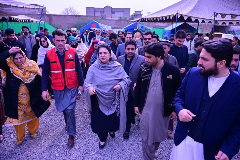 BISP chairperson Rubina Khalid meets IDPs in Bara while reviewing registration and medical facilities.
