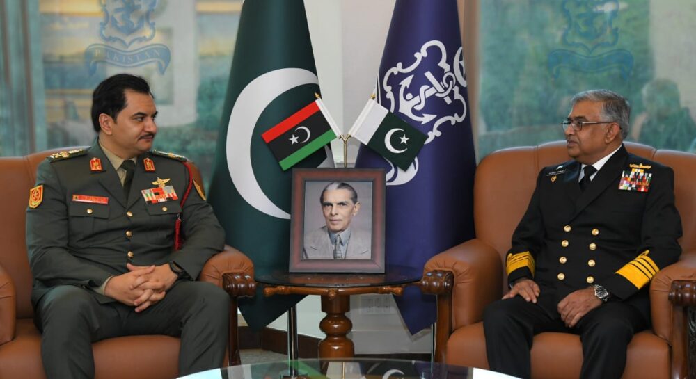 Libyan armed forces deputy chief meets Pakistan navy chief at Naval Headquarters in Islamabad.