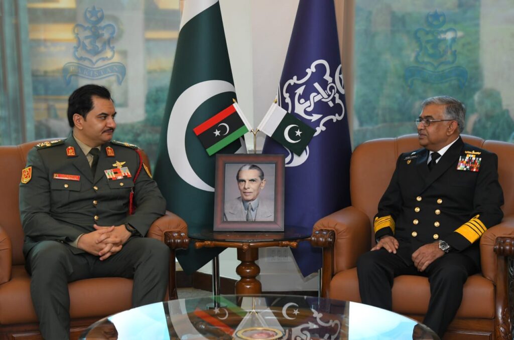 Libyan armed forces deputy chief meets Pakistan navy chief at Naval Headquarters in Islamabad.