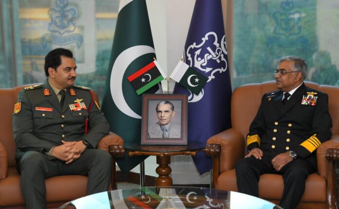 Libyan armed forces deputy chief meets Pakistan navy chief at Naval Headquarters in Islamabad.