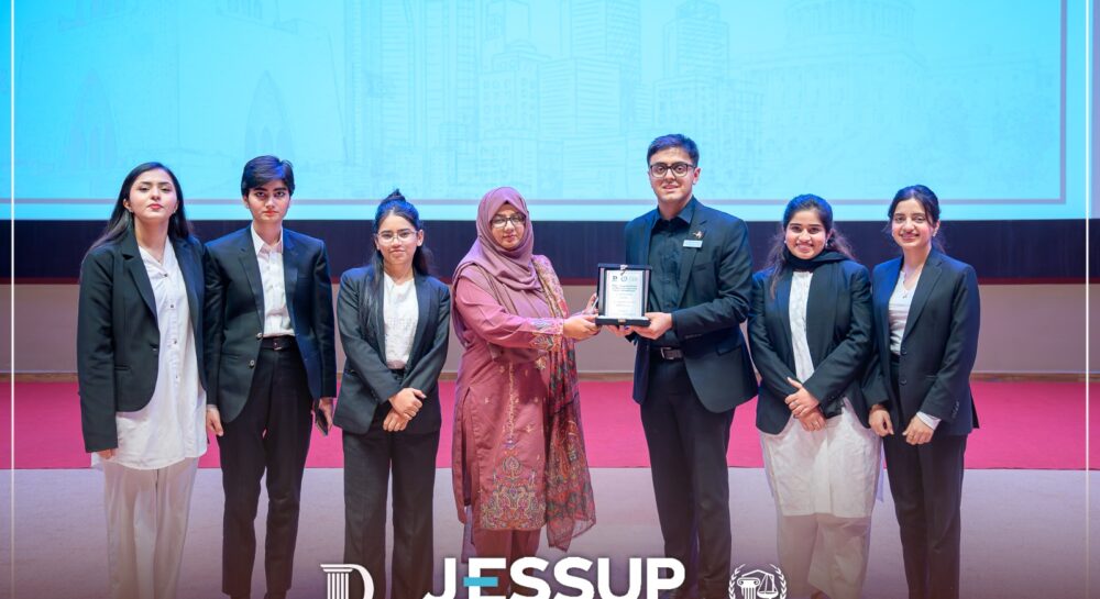 FJWU law students competing in the Philip C. Jessup International Law Moot Court Competition after qualifying for global rounds.