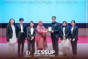 FJWU law students competing in the Philip C. Jessup International Law Moot Court Competition after qualifying for global rounds.