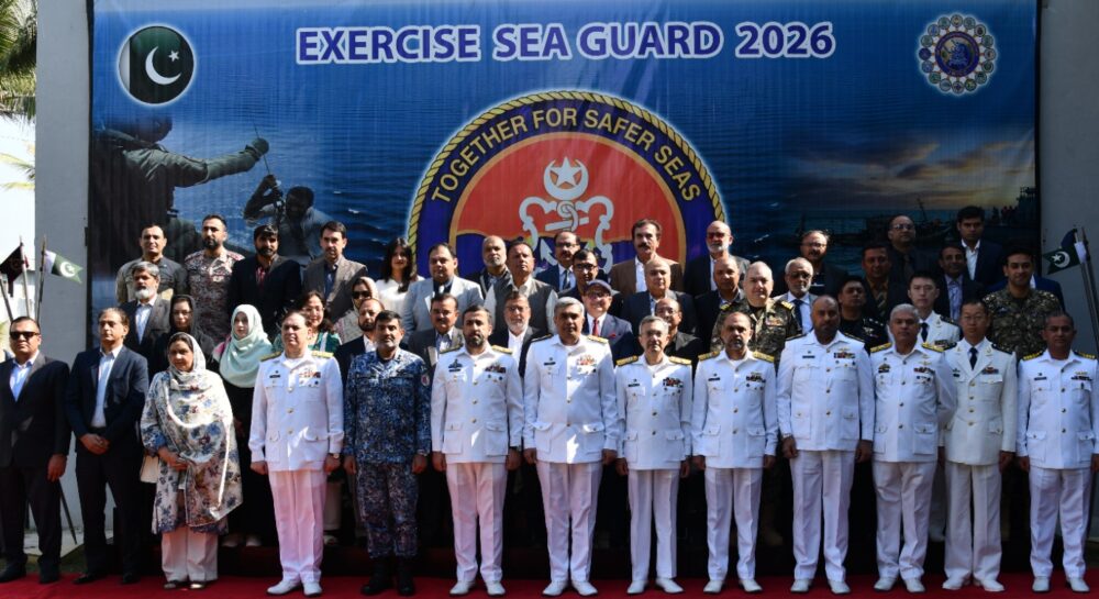 Pakistan Navy officials attend the opening of the Sea Guard–2026 maritime security exercise in Karachi.