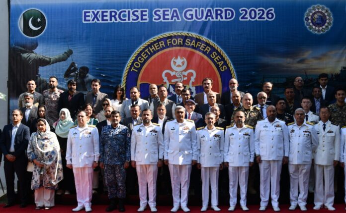 Pakistan Navy officials attend the opening of the Sea Guard–2026 maritime security exercise in Karachi.