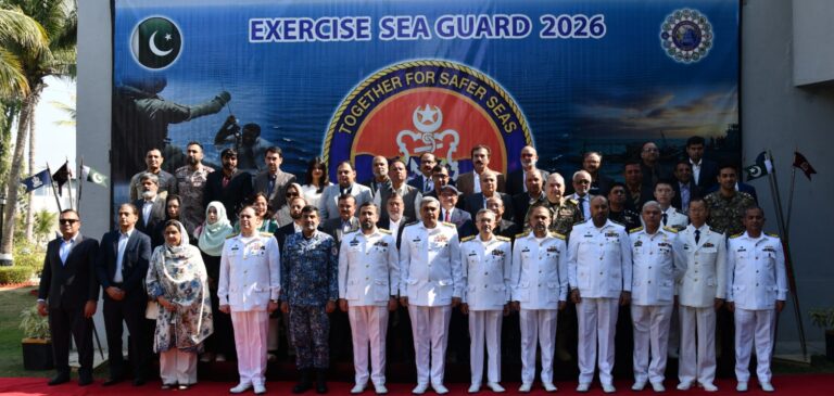 Pakistan Navy officials attend the opening of the Sea Guard–2026 maritime security exercise in Karachi.