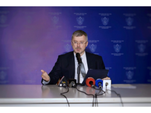 Russian Ambassador Albert P. Khorev addresses a briefing on the Ukraine conflict in Islamabad.