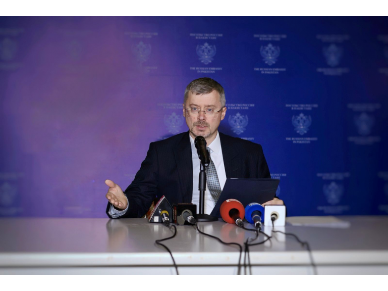 Russian Ambassador Albert P. Khorev addresses a briefing on the Ukraine conflict in Islamabad.