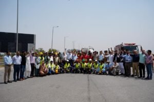Emergency response drill on the Lahore–Sialkot Motorway involving Wafi Energy, NHMP and rescue agencies to strengthen road safety.