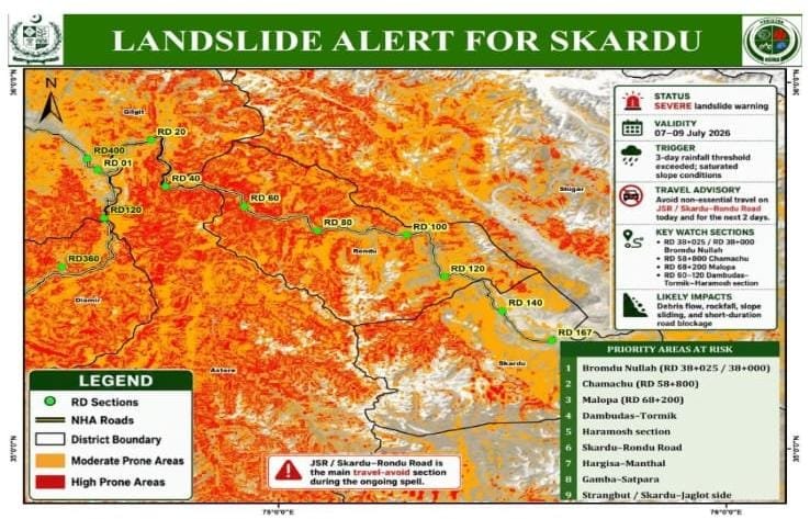 NDMA Issues Landslide Alert for Skardu-Roundu Road from July 7 to 9