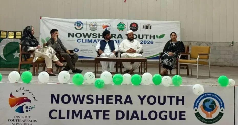 Students and youth representatives participate in the Nowshera Youth Climate Dialogue 2026 on climate action.