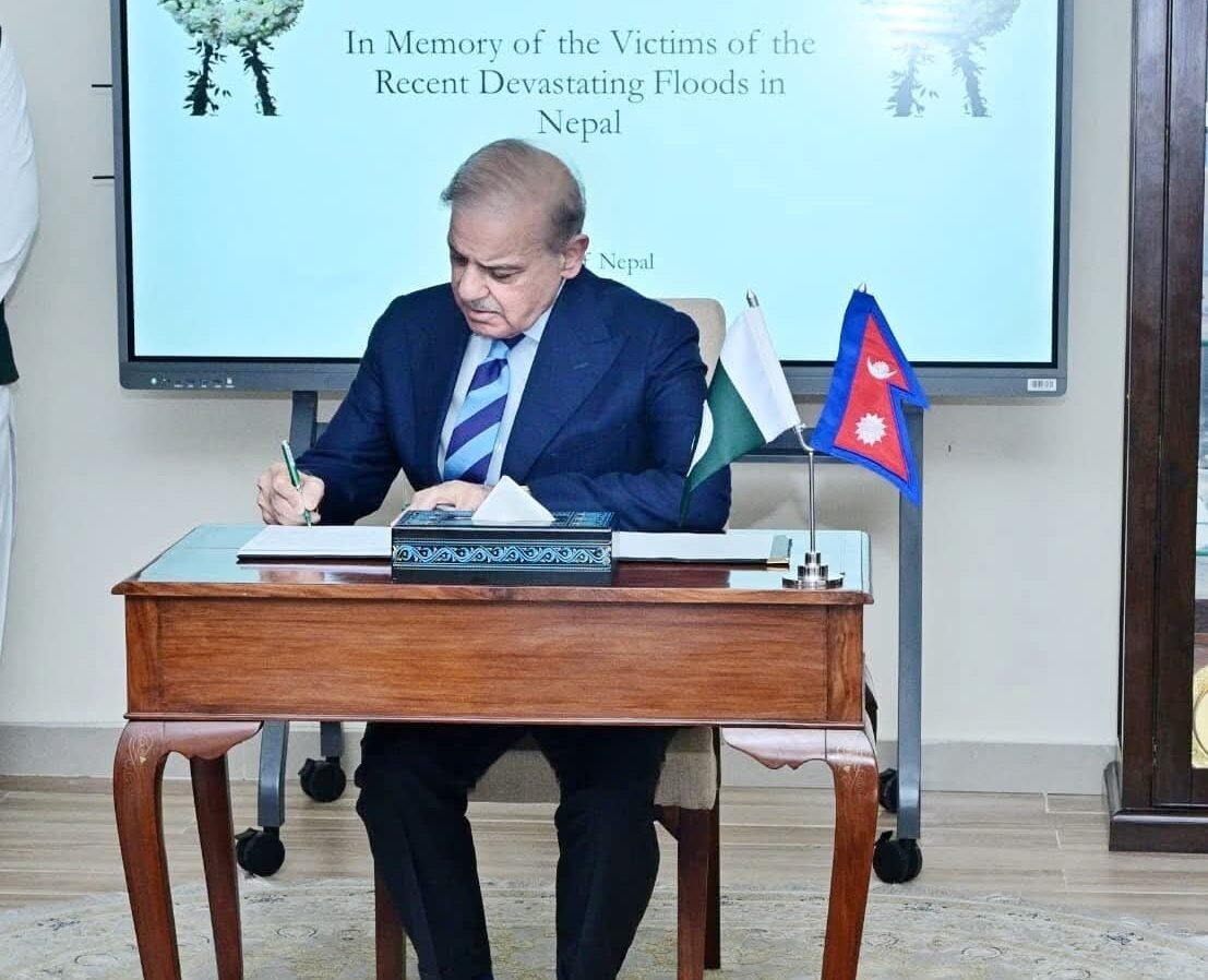 PM Shehbaz Sharif Signs Condolence Book for Nepal Flood Victims