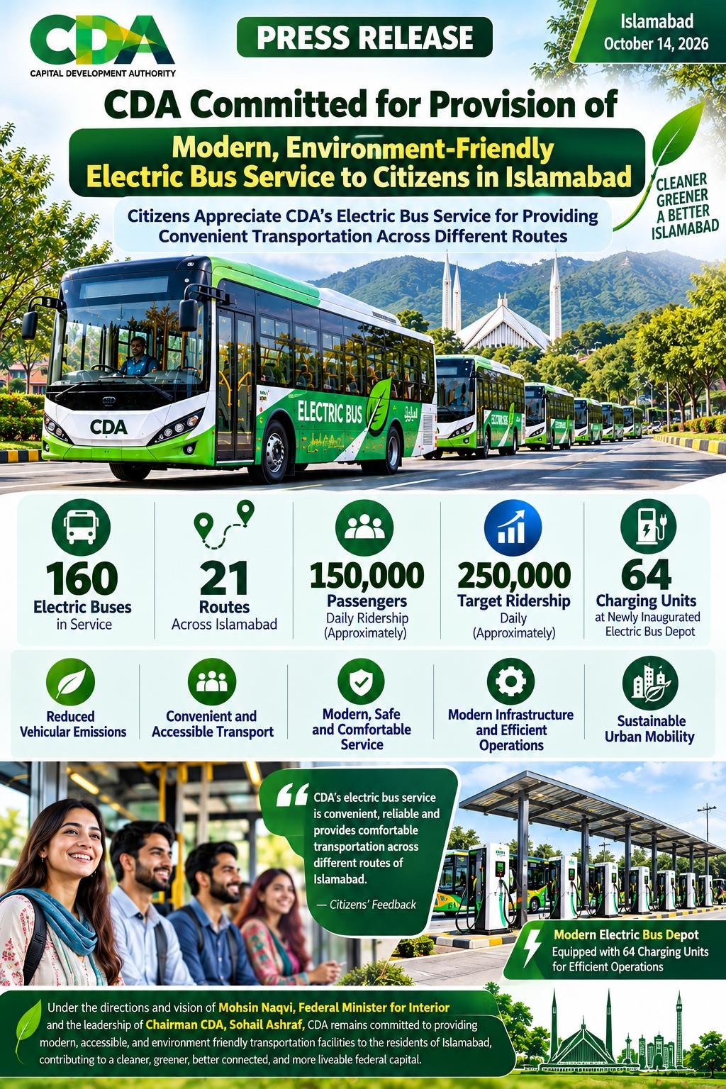 CDA Commitment for provision of Modern, Environment Friendly Electric Bus Service to address transpiration needs of citizen in Islamabad